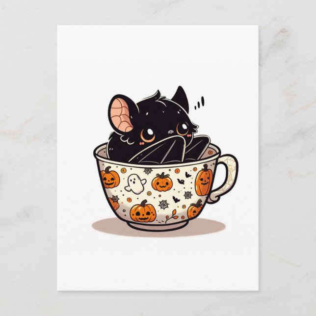 Niedliches Bat im Halloween-Teacup Postkarte (Vorderseite)