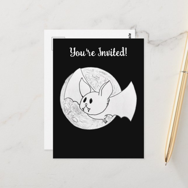 Niedliches Bat und Vollmond Halloween Postkarte (Vorderseite/Rückseite Beispiel)