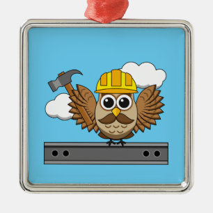 Niedliches Bauarbeiter-Owl mit Hard Hat Cartoon Ornament Aus Metall