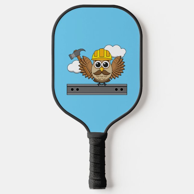 Niedliches Bauarbeiter-Owl mit Hard Hat Cartoon Pickleball Schläger (Vorderseite)