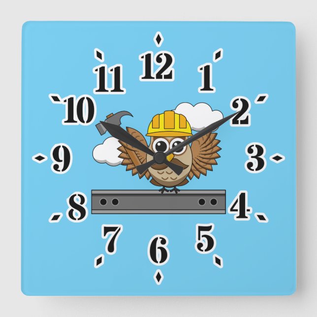 Niedliches Bauarbeiter-Owl mit Hard Hat Cartoon Quadratische Wanduhr (Vorderseite)