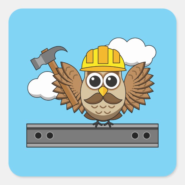 Niedliches Bauarbeiter-Owl mit Hard Hat Cartoon Quadratischer Aufkleber (Vorderseite)