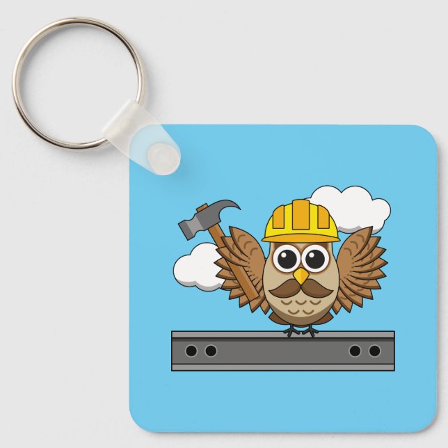 Niedliches Bauarbeiter-Owl mit Hard Hat Cartoon Schlüsselanhänger (Vorderseite)