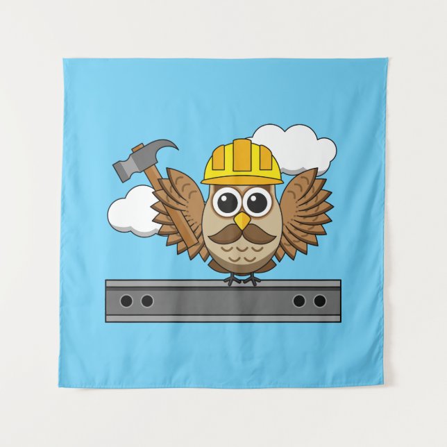 Niedliches Bauarbeiter-Owl mit Hard Hat Cartoon Wandteppich (Vorderseite)