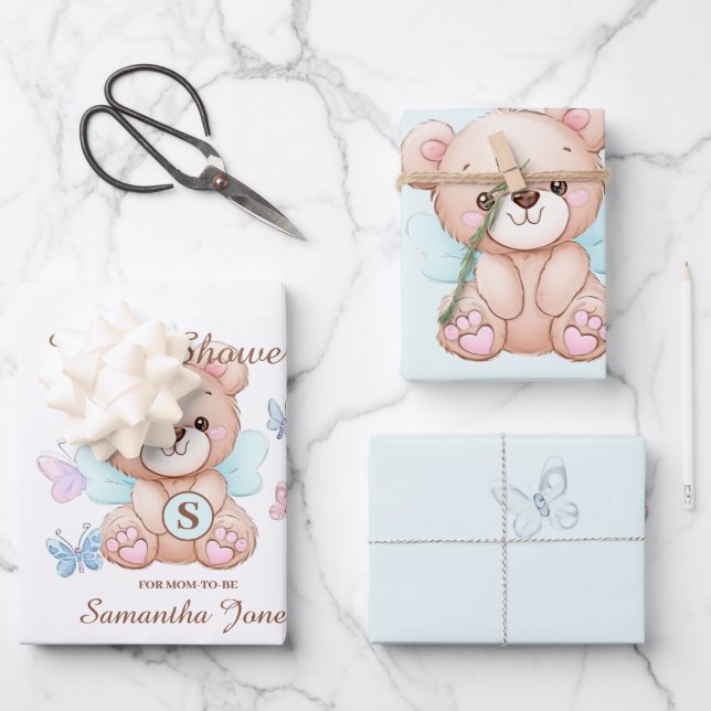 Niedliches Bear Baby Dusche Personalisiertes Wrapp Geschenkpapier Set (Vorderseite)