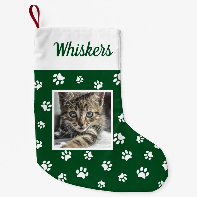 Niedliches benutzerdefiniertes Cat Foto Name Grün  Kleiner Weihnachtsstrumpf (Vorderseite)