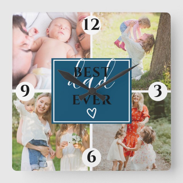 Niedliches bestes Papa-Skript 4 Foto Collage Grid  Quadratische Wanduhr (Vorderseite)