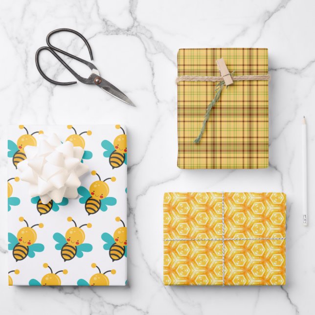 Niedliches Bienengelb Kariert Honeycomb Wrapping P Geschenkpapier Set (Vorderseite)