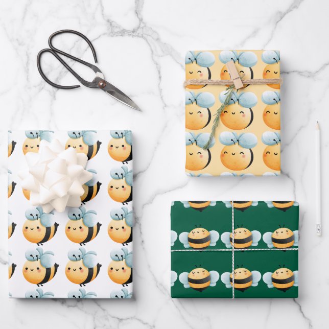 Niedliches Bienenpapier. Geschenkverpackung. Geschenkpapier Set (Vorderseite)