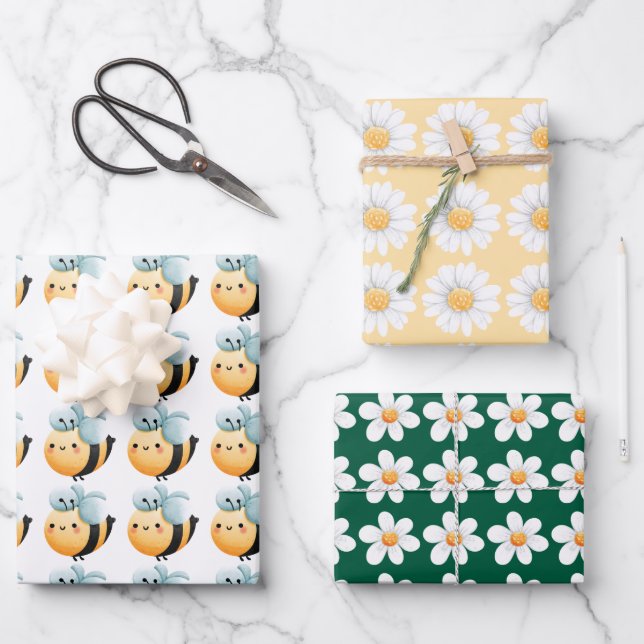 Niedliches Bienenpapier. Geschenkverpackung. Geschenkpapier Set (Vorderseite)