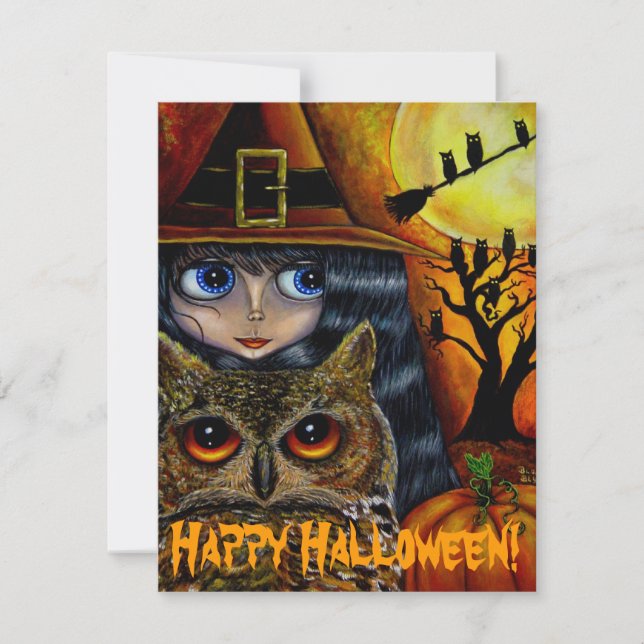 Niedliches Big Eye Hexenmädchen & Owl Whimsisches  Einladung (Vorderseite)