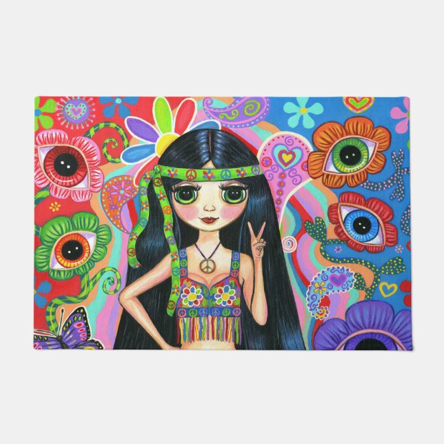Niedliches Big Eye Hippie Mermaid Girl Peace Sign  Fußmatte (Vorderseite)