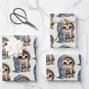 Niedliches Big Mit Augen Owl mit Kaffeemuster Geschenkpapier Set