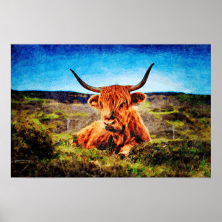 Niedliches Bild der Hochland Kuh Rind Wasserfarben Poster