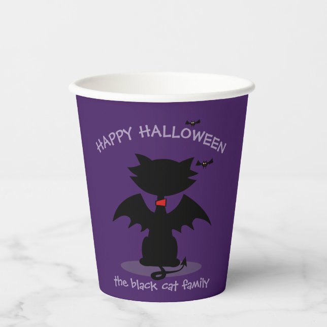 Niedliches Black Cat Bat Kids Halloween-Party Lila Pappbecher (Vorderseite)
