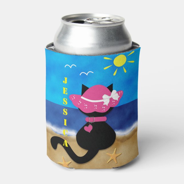 Niedliches Black Cat Beach Thema Rosa Bonnet kann  Dosenkühler (Kanne Vorderseite)