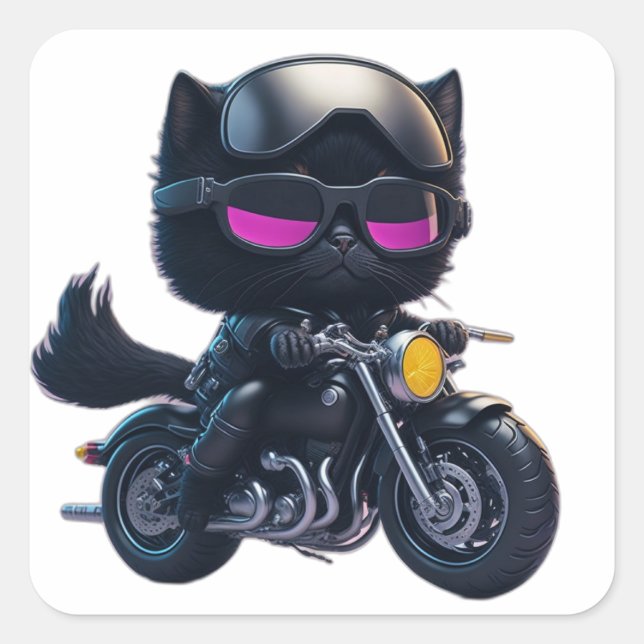 Niedliches Black Cat Riding Motorrad Quadratischer Aufkleber (Vorderseite)