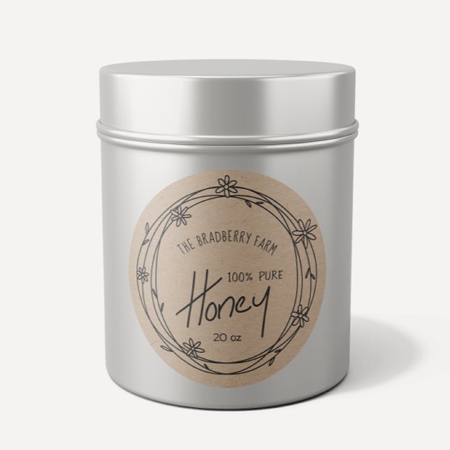 Niedliches Black Doodle Wreath Kraft Honey Label Runder Aufkleber (Von Creator hochgeladen)