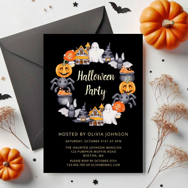 Niedliches Black Happy Halloween Illustration Part Folieneinladung (Cute Black Happy Halloween Illustration Party Foil Invitation)