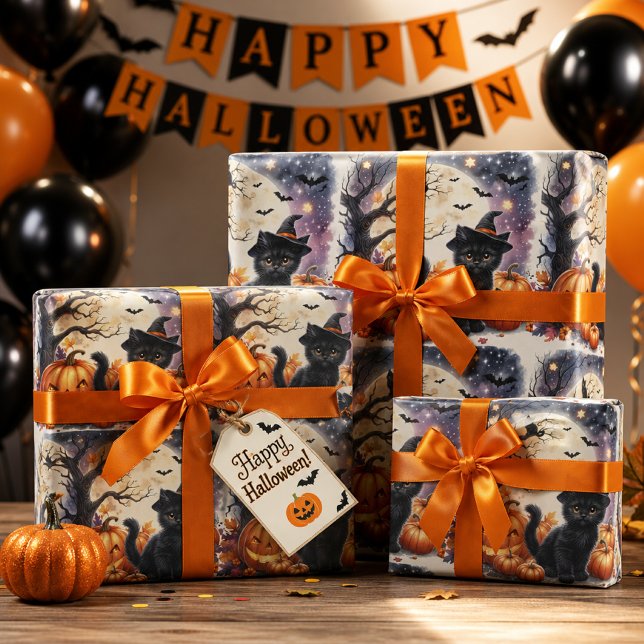 Niedliches Black Kitty Cat Halloween Wrapping Pape Geschenkpapier (Von Creator hochgeladen)