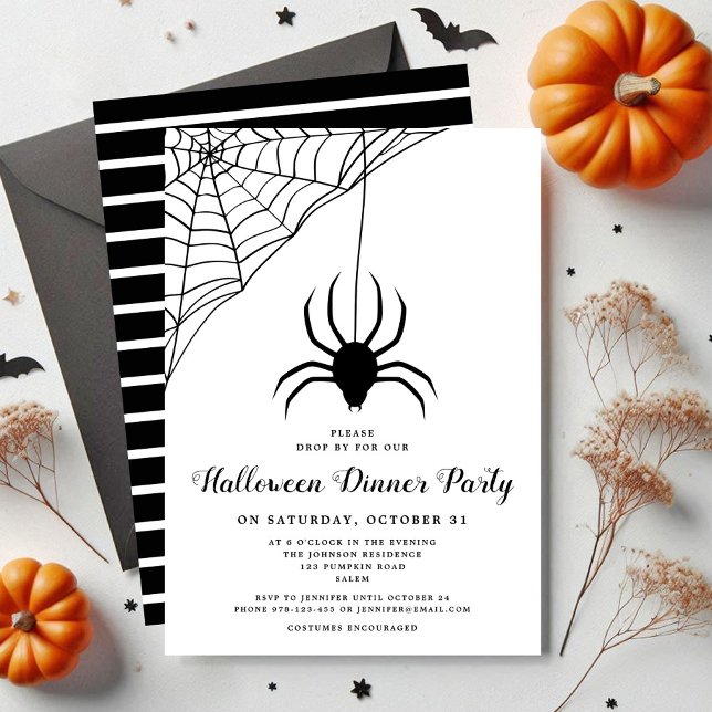 Niedliches Black Spiole Halloween Abendessen Party Einladung (Cute Black Spider Halloween Dinner Party Invitation)