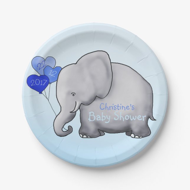 Niedliches Blau steigt Elefant-Jungen-Baby-Dusche Pappteller (Vorderseite)