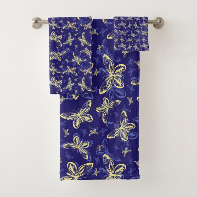 Niedliches Blau und Gelb Schmetterling Illustriert Badhandtuch Set (Insitu)