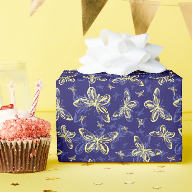 Niedliches Blau und Gelb Schmetterling Illustriert Geschenkpapier (Geburtstagsparty)