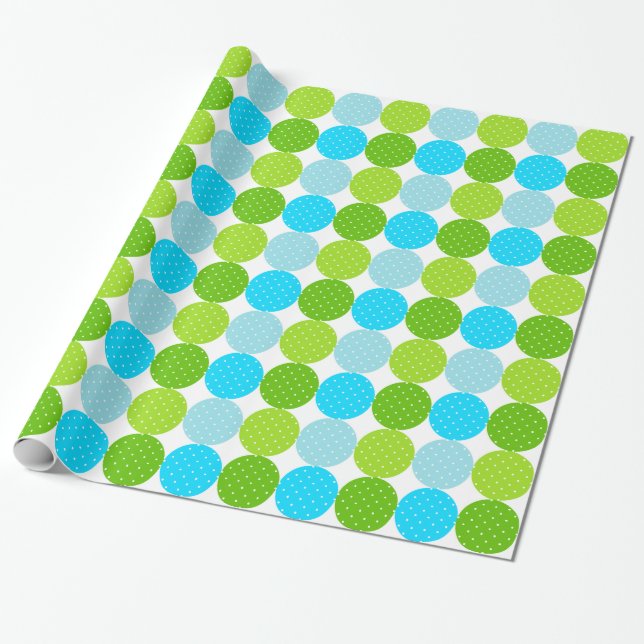 Niedliches Blau- und Grünpolka-Punktmuster Geschenkpapier (Ungerollt)