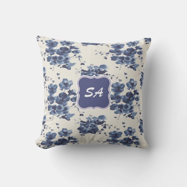 Niedliches Blau und Weiß Blumen Design Mit Monogra Kissen (Vorderseite)