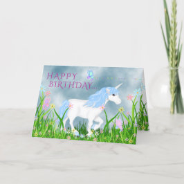 Niedliches Blau und Weiß Einhorn mit Blume Geburts Karte