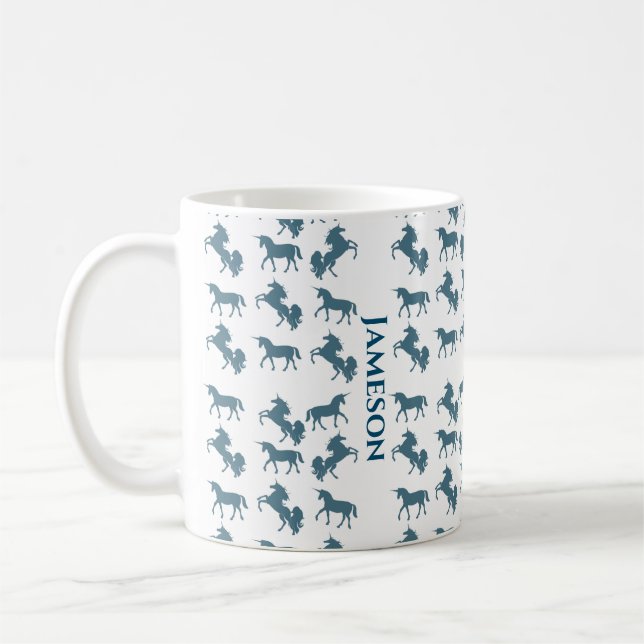 Niedliches Blauer Name Monogram Unicorn Muster Kaffeetasse (Links)