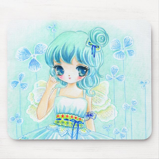 Niedliches blaues Animefeemädchen Mousepad (Vorne)