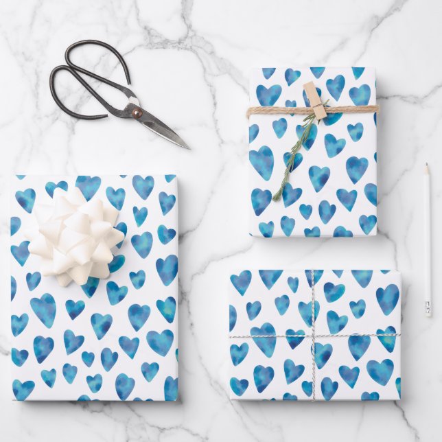 Niedliches blaues Aquarellmuster Liebe Geschenkpapier Set (Vorderseite)