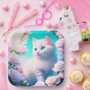 Niedliches blaues Auge Katze, Furry Chic Blume Pappteller
