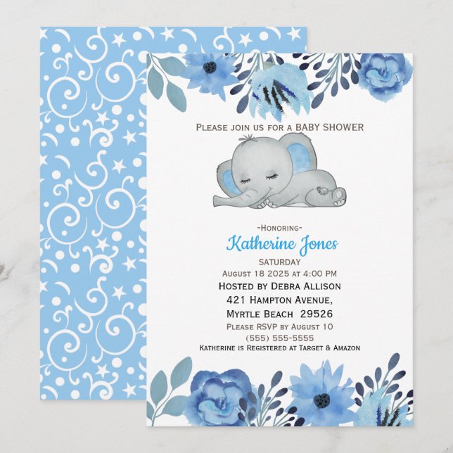 Niedliches blaues Blumenschläfchen Elephant Babydu Einladung (Vorne/Hinten)