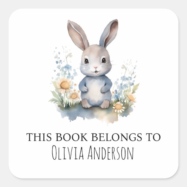 Niedliches blaues Bunny mit Blume Dieses Buch gehö Quadratischer Aufkleber (Vorderseite)