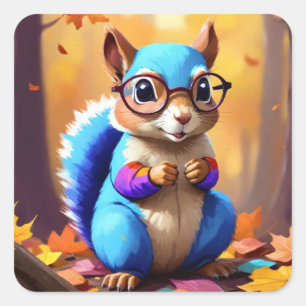 Niedliches Blaues Eichhörnchen mit Brille-46506 Quadratischer Aufkleber