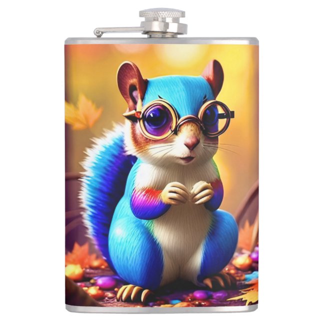 Niedliches blaues Eichhörnchen mit Brille Flachmann (Vorderseite)