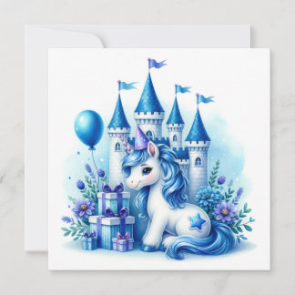 Niedliches Blaues Einhorn und Märchenschloss Einladung
