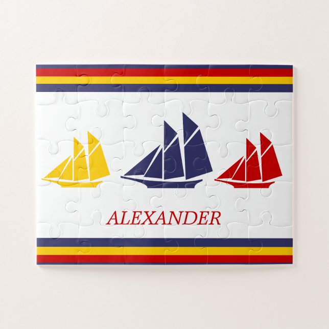 Niedliches blaues gelbes Segelboot Stripe nautisch (Horizontal)