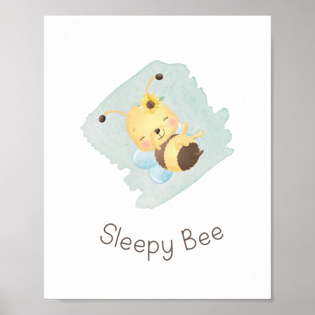 Niedliches blaues/gelbes Sleepy Bee Kinderzimmer K Poster (Vorne)