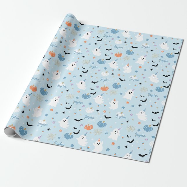 Niedliches blaues Ghost-Halloween mit Personalisie Geschenkpapier (Ungerollt)