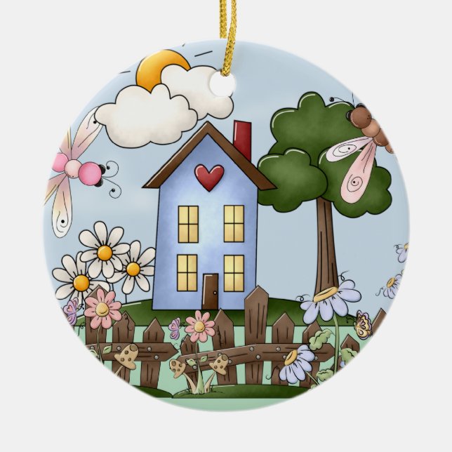 Niedliches blaues Haus in der Sonne Keramik Ornament (Vorne)