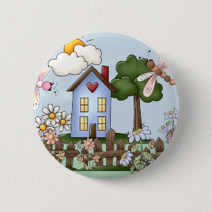 Niedliches blaues Landhaus im Sonnenschein Button