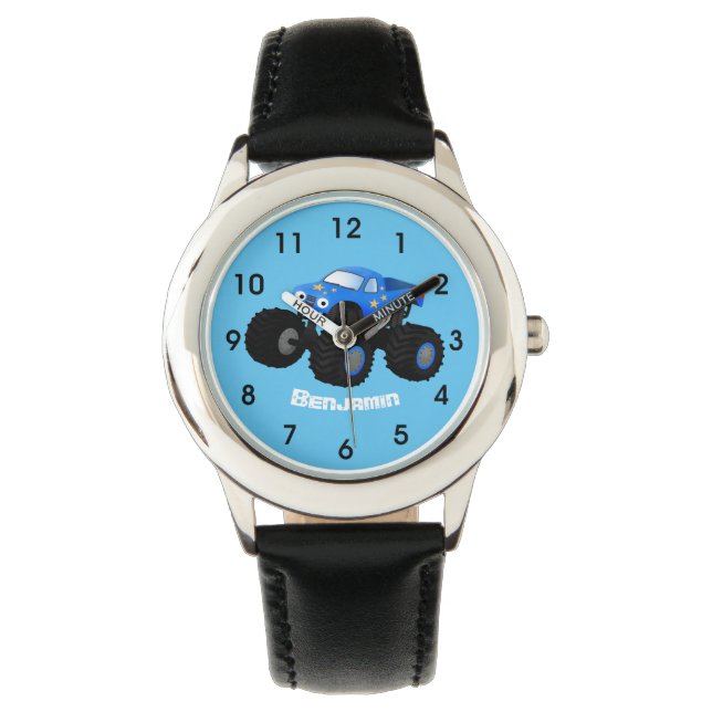 Niedliches blaues Monster-LKW-Cartoon Armbanduhr (Vorderseite)