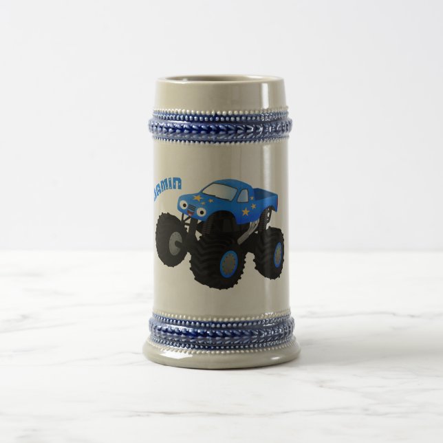 Niedliches blaues Monster-LKW-Cartoon Bierglas (Mittel)