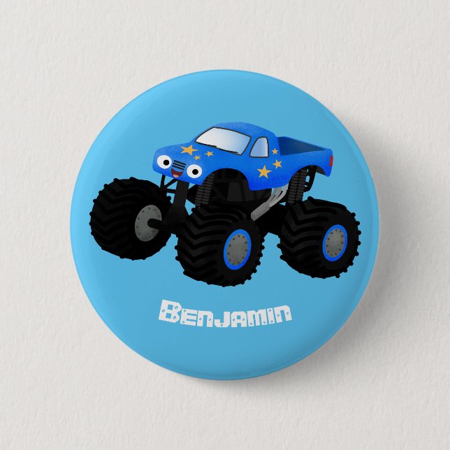 Niedliches blaues Monster-LKW-Cartoon Button (Vorderseite)