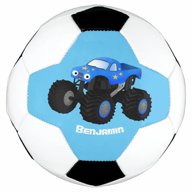 Niedliches blaues Monster-LKW-Cartoon Fußball (Vorderseite)