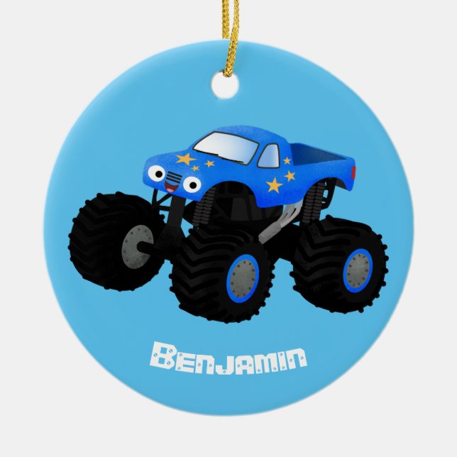 Niedliches blaues Monster-LKW-Cartoon Keramik Ornament (Vorne)
